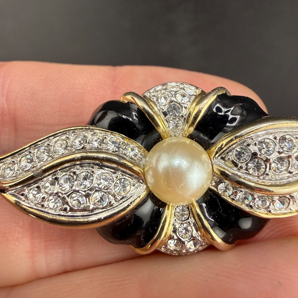 Vintage BJ Beatrix Jewels Brooch Gold Black Enamel Rhinestone Pearl Floral Sign‎